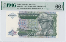 ZAIRE: 100000 Zaires (4.1.1992) in black and deep olive-green on multicolor unpt. Mobutu in military dress at right, leopard at lower left center faci...