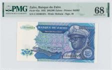 ZAIRE: 200 Zaires (1.3.1992) in deep purple and deep blue on multicolor unpt. Mobutu in military dress at right, leopard at lower left center facing l...