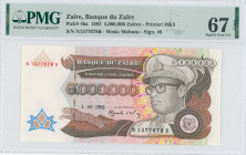 ZAIRE: 5 million Zaires (1.10.1992) in deep brown and brown on multicolor unpt. Mobutu in military dress at right, leopard at lower left center facing...