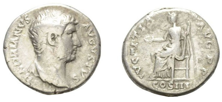 Roman, Denarius, Hadrian, 117 - 138 A.D 

RULER: Hadrian
 DATE: 117 - 138 A.D...