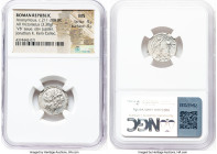 Anonymous (ca. 211-208 BC). AR victoriatus (17mm, 3.30 gm, 6h). NGC MS 4/5 - 4/5. Uncertain mint. Laureate head of Jupiter right; dotted border / ROMA...