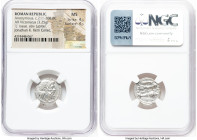 Anonymous (ca. 211-208 BC). AR victoriatus (18mm, 3.25 gm, 3h). NGC MS 4/5 - 4/5. Luceria. Laureate head of Jupiter right, bead-and-reel border / Vict...