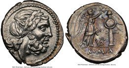 Anonymous (ca. 211-208 BC). AR victoriatus (18mm, 8h). NGC Choice XF. Uncertain mint. Laureate head of Jupiter right; dotted border / ROMA, Victory st...