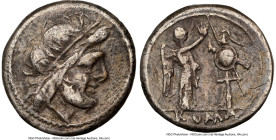 Anonymous (ca. 211-208 BC). AR victoriatus (16mm, 2.65 gm, 2h). NGC VF 5/5 - 2/5, scratches, marks. Uncertain mint. Laureate head of Jupiter right; do...