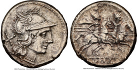 Anonymous (ca. 189-180 BC). AR denarius (18mm, 3.68 gm, 1h). NGC Choice XF 5/5 - 2/5, brushed. Rome. Head of Roma right, wearing pendant earring, bead...