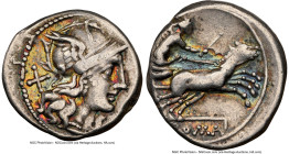 Anonymous (ca. 157-156 BC). AR denarius (18mm, 3.81 gm, 10h). NGC Choice Fine 4/5 - 4/5. Rome. Head of Roma right, wearing pendant earring, necklace a...