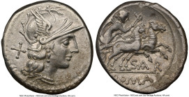 Atilius Saranus (ca. 155 BC). AR denarius (18mm, 3h). NGC Choice VF. Rome. Head of Roma right, wearing winged helmet decorated with griffin crest; X (...