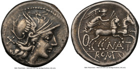 Pinarius Natta (ca. 155 BC). AR denarius (18mm, 9h). NGC Choice VF, light marks. Rome. Head of Roma right, wearing pendant earring, beaded necklace, a...