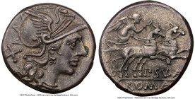 P. Cornelius Sulla (ca. 151 BC). AR denarius (17mm, 3.82 gm, 2h). NGC Choice XF 5/5 - 4/5. Rome. Head of Roma right, wearing pendant earring, beaded n...