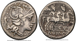 L. Cupiennius (ca. 147 BC). AR denarius (18mm, 3.77 gm, 12h). NGC Choice Fine 5/5 - 3/5, brushed. Rome. Head of Roma right, wearing triple pendant ear...