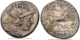C.Valerius C.f. Flaccus (ca. 140 BC). AR denarius (19mm, 3.54 gm, 6h). NGC VF 5/5 - 4/5. Rome. Head of Roma right, wearing pendant earring, beaded nec...