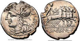 M. Baebius Q.f. Tampilus (ca. 137 BC). AR denarius (18mm, 3.90 gm, 2h). NGC Choice VF 4/5 - 2/5, brushed. Rome. TAMPIL, head of Roma left, wearing pen...