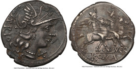 Cn. Lucretius Trio (ca. 136 BC). AR denarius (19mm, 9h). NGC Choice VF. Rome. TRIO, head of Roma right, wearing pendant earring, beaded necklace, and ...