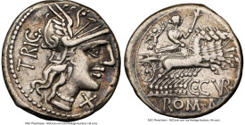 C. Curiatius F Trigeminus (ca. 135 BC). AR denarius (19mm, 3.89 gm, 5h). NGC VF 5/5 - 2/5, graffito, brushed. Rome. TRIG, head of Roma right, wearing ...