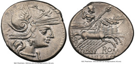 L. Minucius (ca. 133 BC). AR denarius (20mm, 12h). NGC XF. Rome. Head of Roma right, wearing pendant earring, beaded necklace, and winged helmet decor...