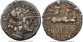 Pub. Calpurnius (ca. 133 BC). AR denarius (19mm, 6h). NGC VF, edge marks. Rome. Head of Roma right, wearing pendant earring, beaded necklace, and wing...