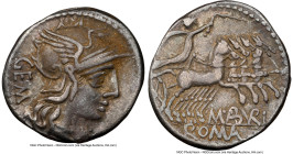 M. Aburius Geminus (ca. 132 BC). AR denarius (19mm, 3.74 gm, 4h). NGC VF 5/5 - 3/5. Rome. GEM, head of Roma right, wearing pendant earring, beaded nec...