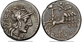 M. Porcius Laeca (ca. 125 BC). AR denarius (18mm, 3.91 gm, 6h). NGC VF 5/5 - 5/5. Rome. LAECA, head of Roma right in winged helmet decorated with grif...