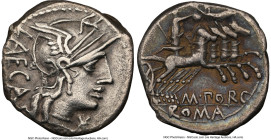 M. Porcius Laeca (ca. 125 BC). AR denarius (18mm, 9h). NGC VF, brushed. Rome. LAECA, head of Roma right in winged helmet decorated with griffin crest ...