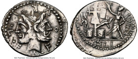 M. Furius L.f. Philus (ca. 121-119 BC). AR denarius (22mm, 3.73 gm, 6h). NGC Choice VF 3/5 - 2/5, polished, marks. Rome. M•FOVRI•L•F, laureate, bearde...
