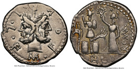 M. Furius L.f. Philus (ca. 121-119 BC). AR denarius (20mm, 7h). NGC VF. Rome. M•FOVRI•L•F, laureate, bearded head of Janus / PHLI (PH ligate), Roma st...