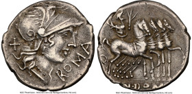 Cn. Domitius Ahenobarbus (ca. 116-115 BC). AR denarius (19mm, 3.77 gm, 7h). NGC Choice VF 5/5 - 3/5. Rome. ROMA, head of Roma right, wearing winged he...