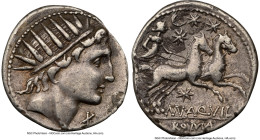 Man. Aquillius (ca. 109-108 BC). AR denarius (19mm, 2h). NGC VF. Rome. Radiate head of Sol right; X (mark of value) below chin / MN•AQVIL (MN ligate),...