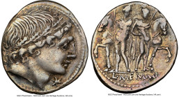L. Memmius (ca. 109-108 BC). AR denarius (20mm, 3.86 gm, 5h). NGC Choice VF 5/5 - 3/5, scratches. Rome. Young male head right, wearing oak-wreath; bar...