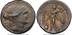 L. Valerius Flaccus (ca. 108-107 BC). AR denarius (20mm, 3.92 gm, 5h). NGC Choice XF 5/5 - 4/5. Rome. Draped bust of Victory right, wearing pendant ea...