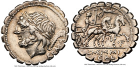 L. Memmius Galeria (ca. 106 BC). AR denarius serratus (18mm, 3.81 gm, 7h). NGC Choice VF 4/5 - 3/5, brushed, flan flaw. Rome. ROMA, laureate head of S...