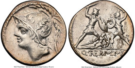 Q. Minucius Thermus M.f. (ca. 103 BC). AR denarius (18mm, 3.99 gm, 3h). NGC XF 5/5 - 3/5, brushed. Rome. Head of Mars left, wearing crested helmet dec...