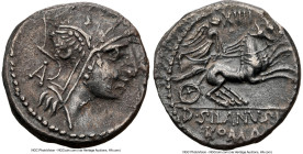 D. Silanus L.f. (ca. 91 BC). AR denarius (17mm, 3.65 gm, 4h). NGC Choice XF 5/5 - 2/5. Rome. Head of Roma right, wearing winged helmet decorated with ...