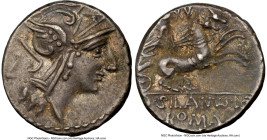 D. Silanus L.f. (ca. 91 BC). AR denarius (17mm, 3.79 gm, 5h). NGC Choice XF 4/5 - 3/5. Rome. Head of Roma right, wearing pendant earring and winged he...