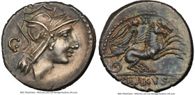 D. Silanus L.f. (ca. 91 BC). AR denarius (18mm, 5h). NGC XF, brushed. Rome. Head of Roma right, wearing winged helmet decorated with griffin crest; C ...