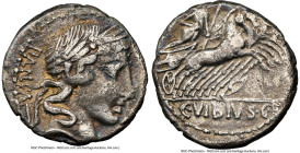 C. Vibius C. f. Pansa (ca. 90 BC). AR denarius (17mm, 3.60 gm, 10h). NGC VF 4/5 - 2/5, edge marks, brushed, marks. Rome. PANSA, laureate head of Apoll...