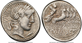 C. Vibius C. f. Pansa (ca. 90 BC). AR denarius (20mm, 3.85 gm, 3h). NGC Choice Fine 4/5 - 4/5. Rome. PANSA, laureate head of Apollo right with flowing...