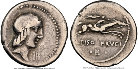 L. Calpurnius Piso Frugi (ca. 90 BC). AR denarius (18mm, 3.83 gm, 11h). NGC Fine 4/5 - 2/5, scratches, brushed. Rome. Laureate head of Apollo right; I...