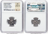 Q. Titius (ca. 90 BC). AR denarius (19mm, 4.08 gm, 1h). NGC AU 4/5 - 5/5. Rome. Head of bearded male right, hair bound with winged diadem / Pegasus is...