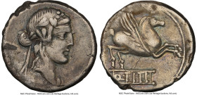 Q. Titius (ca. 90 BC). AR denarius (17mm, 6h). NGC VF, brushed. Rome. Head of Liber right, wearing ivy wreath / Pegasus is springing right, from table...