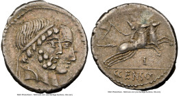 C. Censorinus (ca. 88 BC). AR denarius (19mm, 3.82 gm, 7h). NGC Choice VF 5/5 - 4/5. Rome. Jugate, diademed heads of Numa Pompilius and Ancus Marcius ...