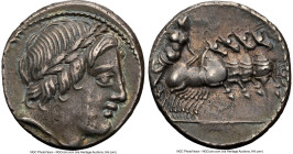 C. Gargilius, Ogulnius, and M. Vergilius (ca. 86 BC). AR denarius (18mm, 4.06 gm, 1h). NGC XF 5/5 - 5/5. Rome. Laureate head of Apollo right; thunderb...