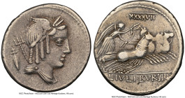 L. Julius Bursio (ca. 85 BC). AR denarius (19mm, 11h). NGC VF. Rome. Laureate, winged, and draped bust of Apollo Vejovis right; trident over left shou...