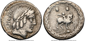 Mn. Fonteius C.f. (ca. 85 BC). AR denarius (19mm, 3.68 gm, 6h). NGC VF 4/5 - 2/5, brushed. Rome. MN•FONTEI-C•F (MN and NT ligate), laureate head of Ap...