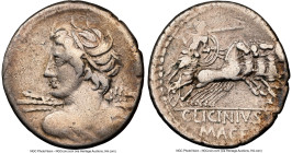 C. Licinius L.f. Macer (ca. 84 BC). AR denarius (20mm, 4.07 gm, 7h). NGC Choice Fine 4/5 - 3/5, marks, brushed. Rome. Diademed bust of Apollo left, se...