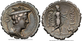 C. Mamilius Limetanus (ca. 82 BC). AR serratus denarius (20mm, 3.90 gm, 1h). NGC VF 5/5 - 4/5. Rome. Draped bust of Mercury right, wearing winged peta...