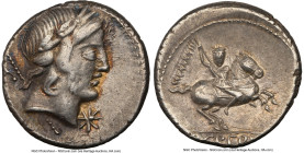 Pub. Crepusius (ca. 82 BC). AR denarius (16mm, 9h). NGC XF. Rome. Laureate head of Apollo right; scepter over shoulder; S behind, star below chin / P•...