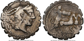 L. Procilius f. (ca. 80 BC). AR serratus denarius (18mm, 1h). NGC Fine, scratches, adjusted flan, brushed. Rome, special issue. Head of Juno Sospita r...