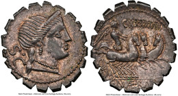 C. Naevius Balbus (ca. 79 BC). AR serratus denarius (19mm, 3.93 gm, 7h). NGC Choice AU 5/5 - 4/5. Rome. Head of Venus right, wearing pendant earring, ...