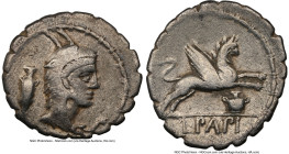 L. Papius (ca. 79 BC). AR serratus denarius (20mm, 3h). NGC Choice Fine. Rome. Head of Juno Sospita right, clad in goat skin, tied before neck; amphor...