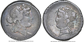 L. Cassius Q.f. Longinus (ca. 78 or 76/5 BC). AR denarius (18mm, 5h). NGC VF, scratches. Rome. Head of Liber or Bacchus right, wreathed with ivy, thyr...